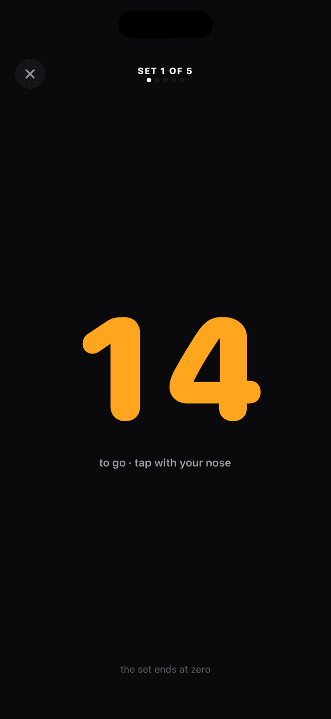 Give Me 20 mid-set: a giant amber 14 counting down as you tap with your nose