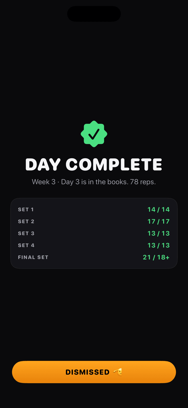 Day complete screen with per-set results